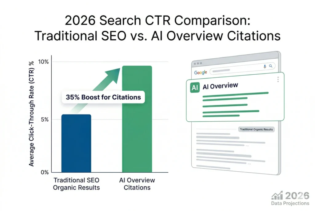 Data visualization comparing traditional SEO click-through rates against AI Overview citation click-through rates in 2026, showing a 35% boost for cited sources.