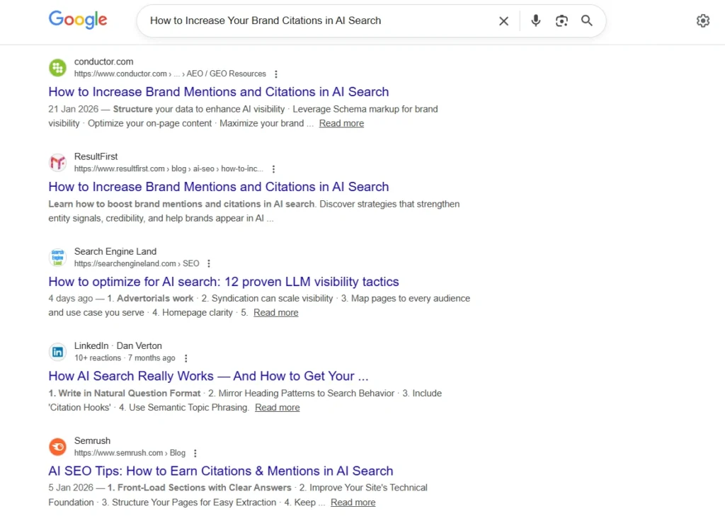 Google search results showing high-authority sites like Conductor and Search Engine Land ranking #1 and #3 for the query "How to Increase Your Brand Citations."