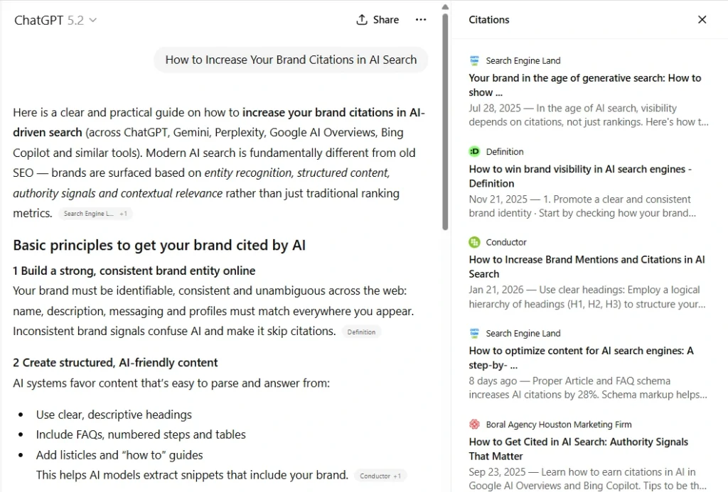ChatGPT citation sidebar for the same query, citing the same high-authority sites (Search Engine Land, Conductor) that appeared on Google Page 1.