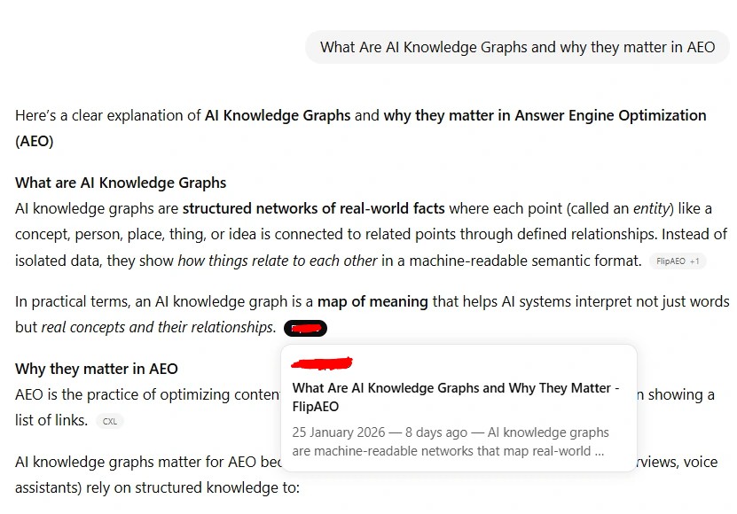 Screenshot of ChatGPT citing a low-authority niche site as the primary source for a complex query, demonstrating that content structure overrides domain authority.